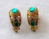 Vintage Green Crystal Goldtone Clip On Earrings