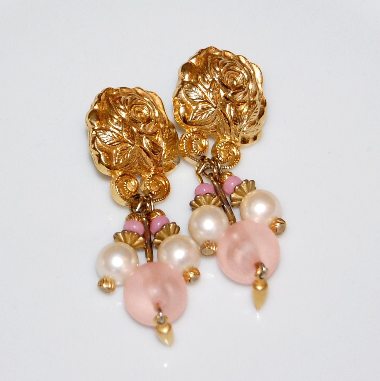 Vintage Pink Rose Dangle Pierced Earrings