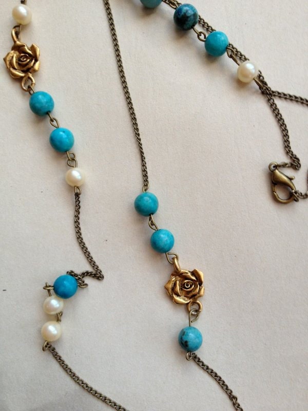 Long Turquoise Rose Necklace