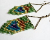 Green Beaded Peacock Feather Earrings