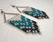 Hand Beaded Teal and White Chevron Earrings