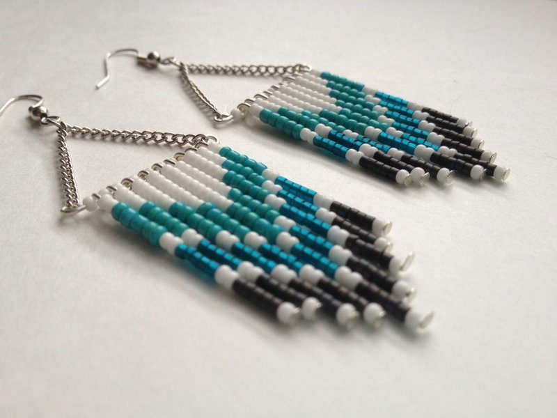 Hand Beaded Teal and White Chevron Earrings