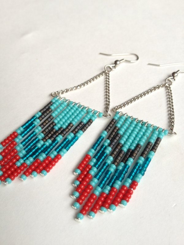 Red Teal and Turquoise Beaded Earrings