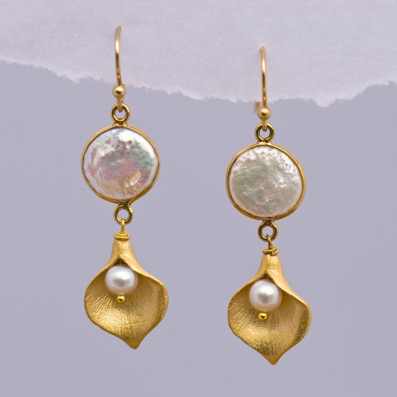 Bezel set Freshwater Pearl and 16K Gold Plated Brush Textured Calla Bead Earrings -