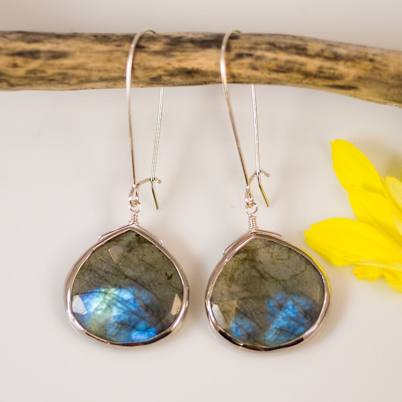 Labradorite Earrings - Bezel Set Earrings - Large Gemstone Earrings - Sterling Silver Earrings - Mother's Day Gift