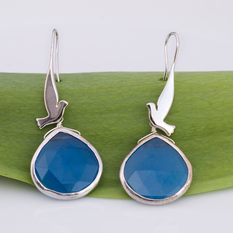 Deep Blue Chalcedony Earrings -  Silver Bird Earrings - Bezel set Gemstone Earrings - sterling silver earrings - Mother's Day Gift
