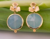 Bezel Set Aqua blue Chalcedony Earrings - Gold Earrings - Bridal Jewelry - Gemstone Earrings