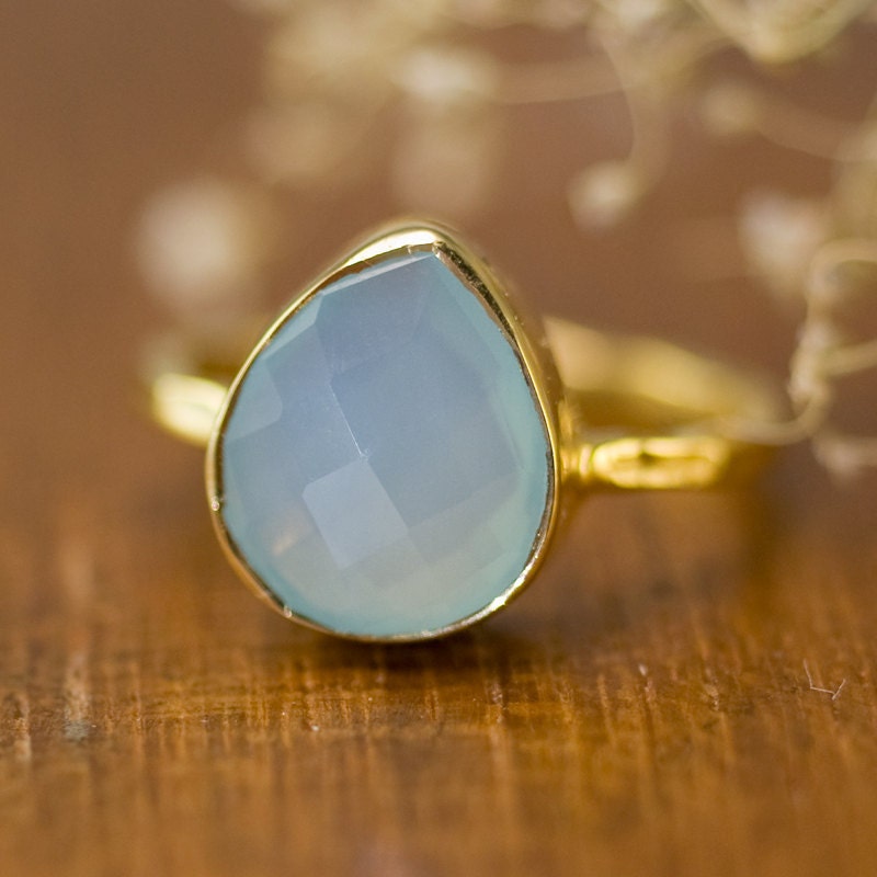 Aqua Blue Chalcedony Stacking Ring - Gemstone Ring - Gold Ring - Bezel Set Ring Mother's Day Gift