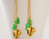 Long Chrysoprase drop earrings with gold vermeil leaf charms - Gold earrings - Mother's Day Gift