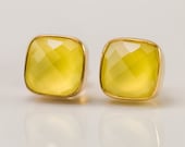 Cushion Cut Yellow Chalcedony Bezel Stud Post Earrings - Gold Stud Gemstone Earrings
