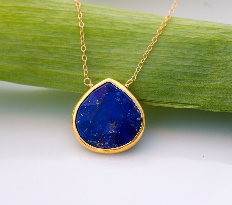 Blue Lapis Necklace - 14k Gold Filled Chain - bezel set necklace - gemstone necklace - something blue- September Birthstone -