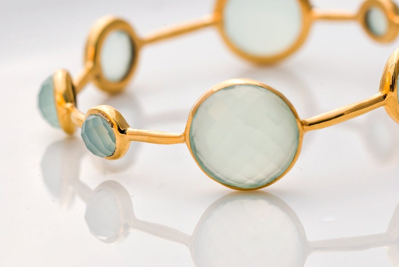 18K  Gold Plated Faceted Aqua Blue Chalcedony Bracelet - Mothers Day Sale