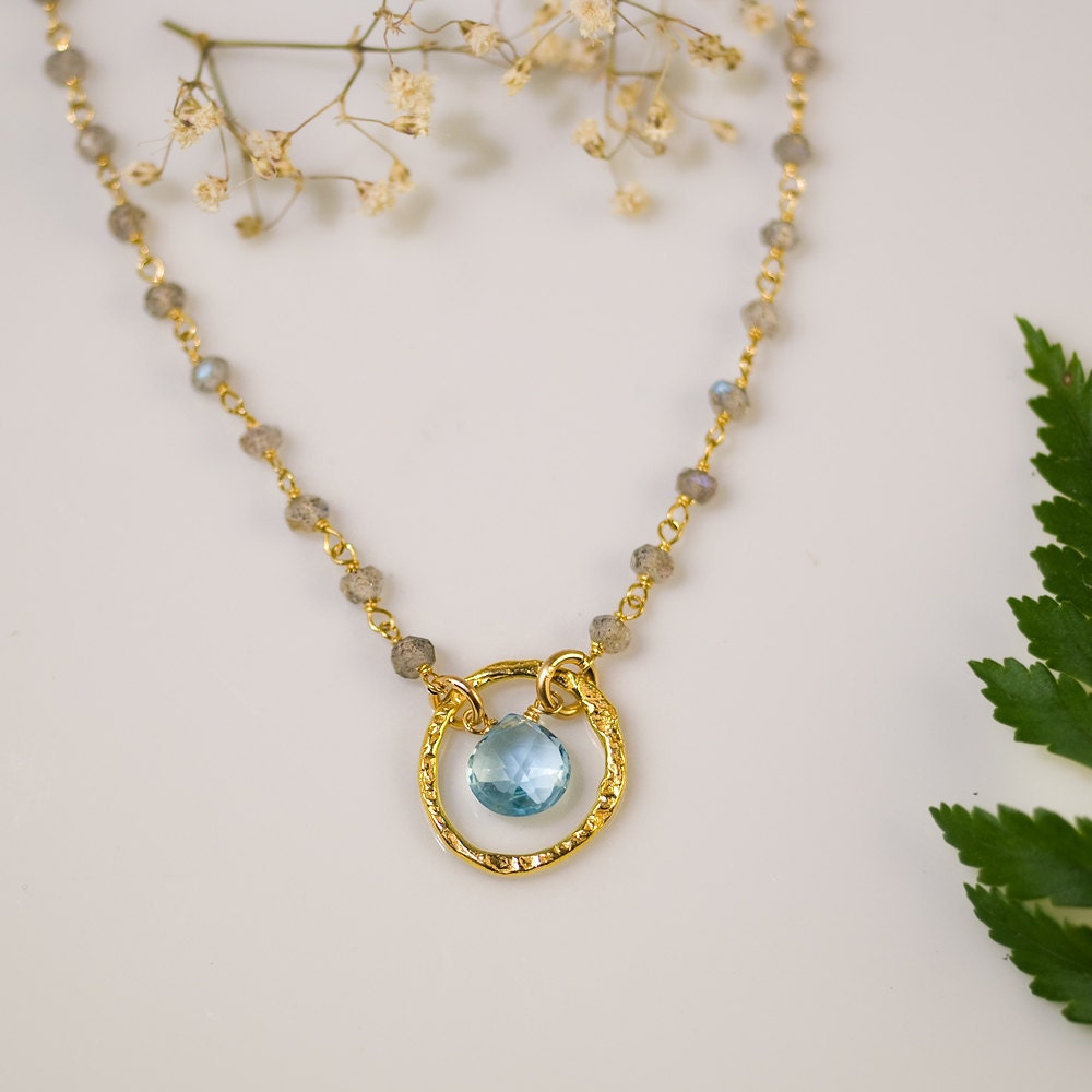 Wire wrapped Labradorite Necklace - December Birthstone Necklace - Blue Topaz Necklace - Gold Necklace - Mother's Day Gift