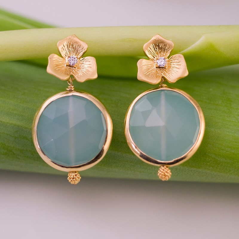 Bezel Set Aqua blue Chalcedony Earrings - Gold Earrings - Bridal Jewelry - Gemstone Earrings