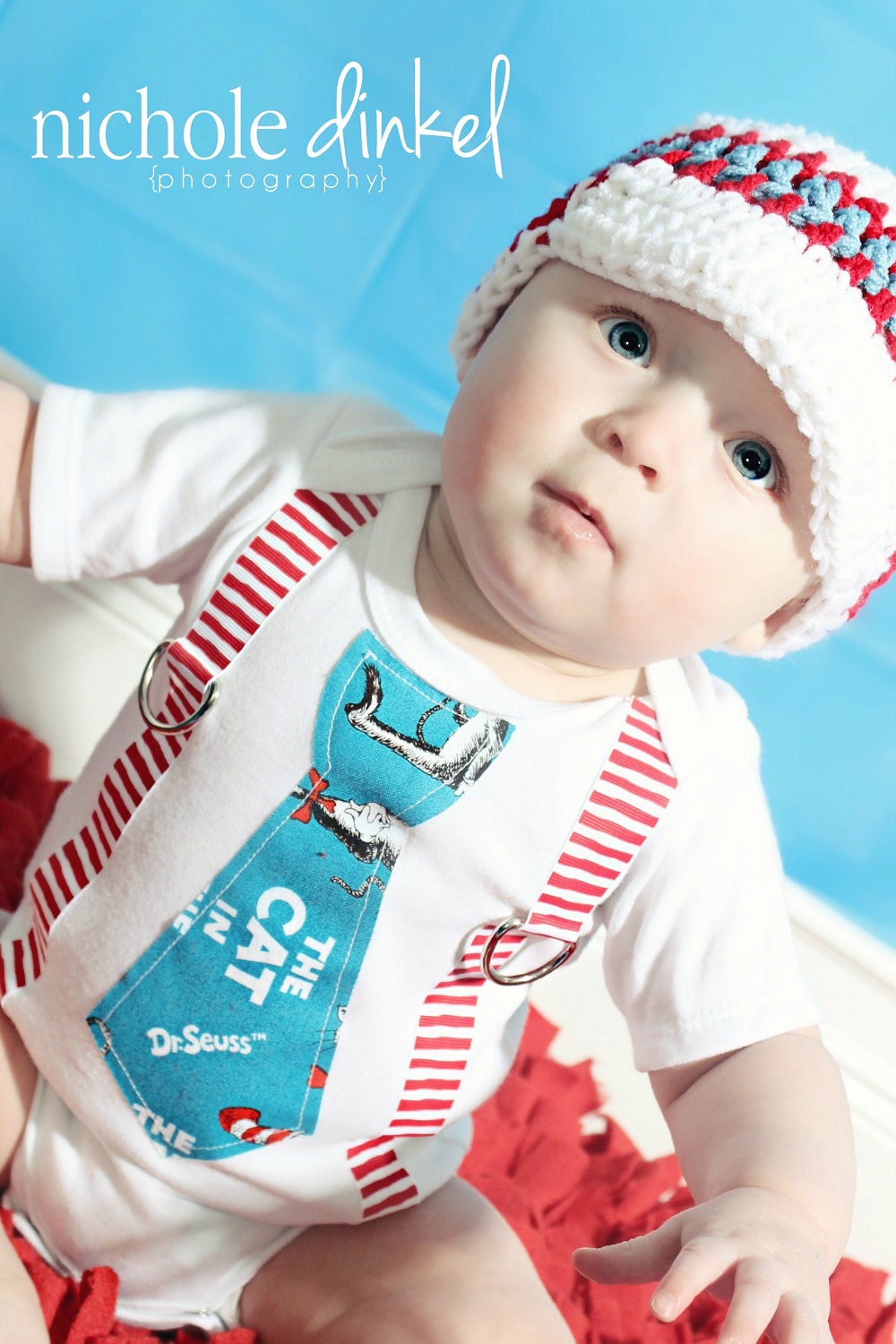 Dr. Seuss Inspired Cat in the Hat Tie & Suspenders Onesie - Made To Order -0-3M through 24M