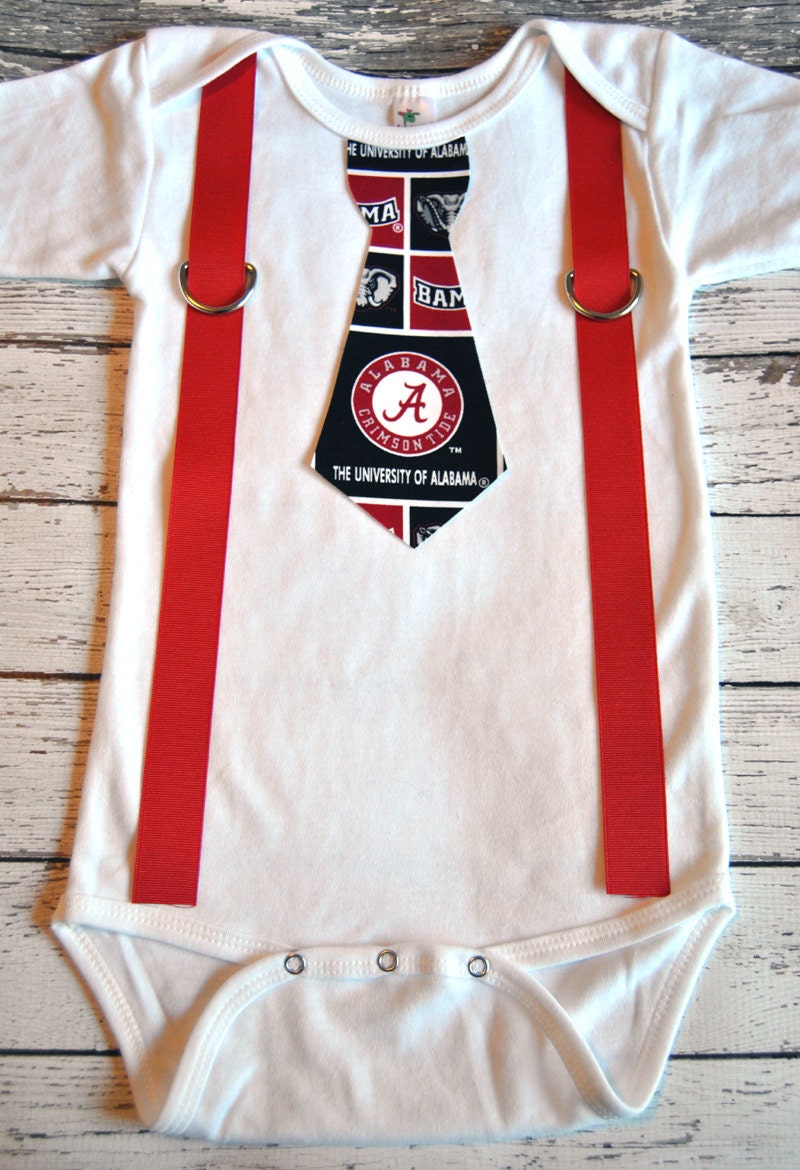 University of Alabama BAMA Football Inspired Tie and Suspenders Onesie - Made to Order - 0-3M through 24M