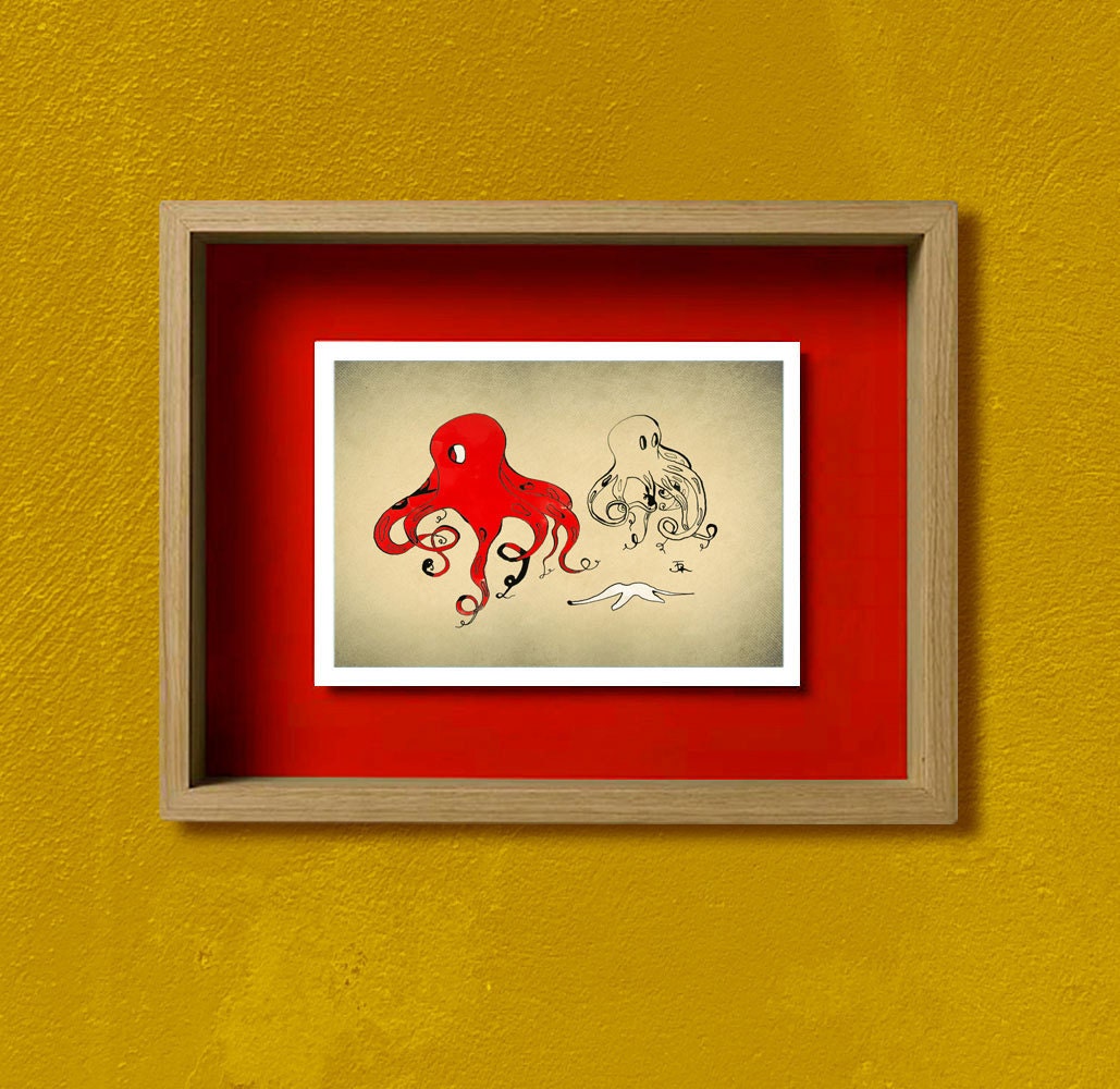 Octopus print modern contemporary original ink watercolor drawing painting London limited edition Illustration wall art decor poster