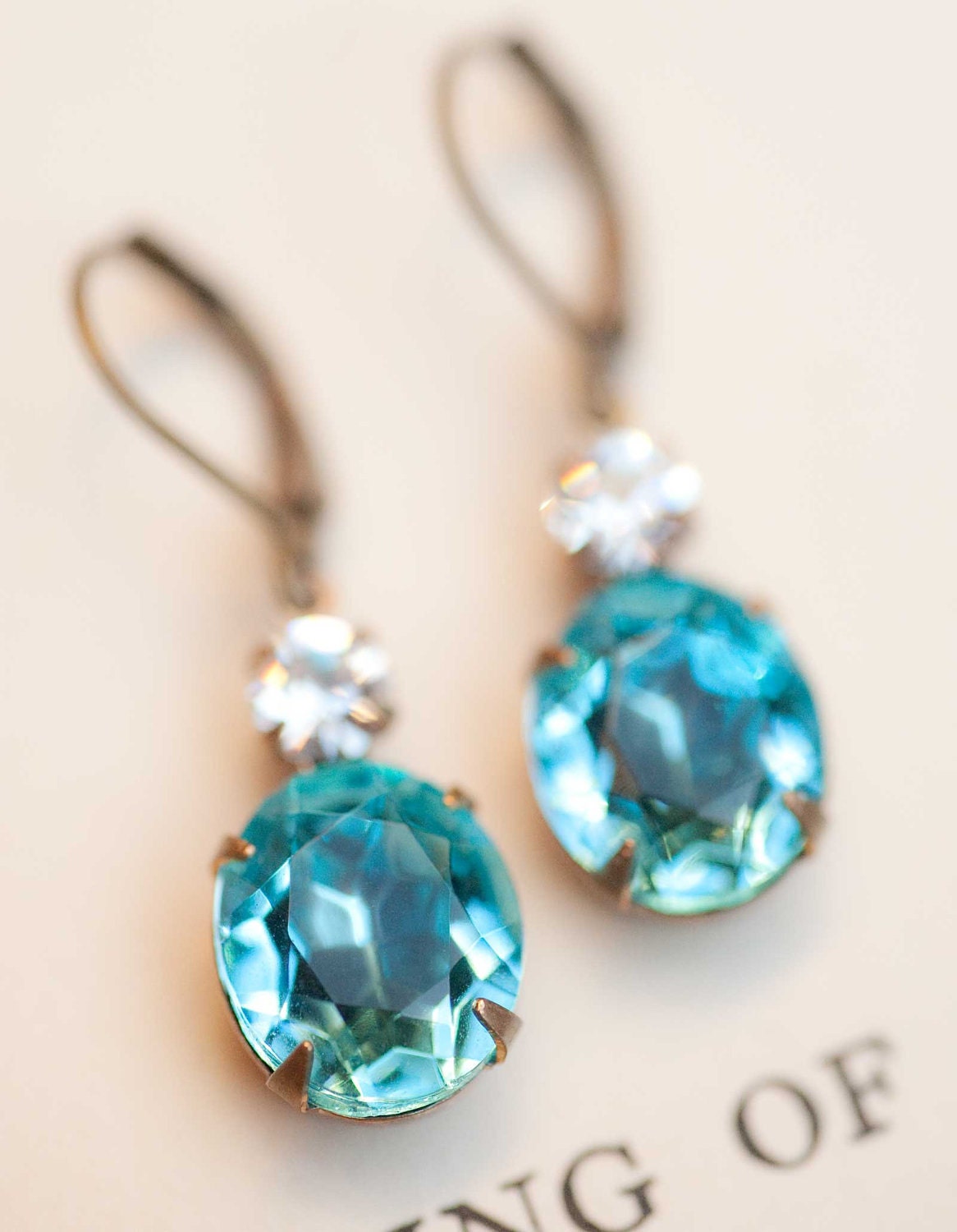 Aqua Blue Earrings - Estate Style Vintage Powder Blue And Crystal Swarovski Rhinestone Earrings