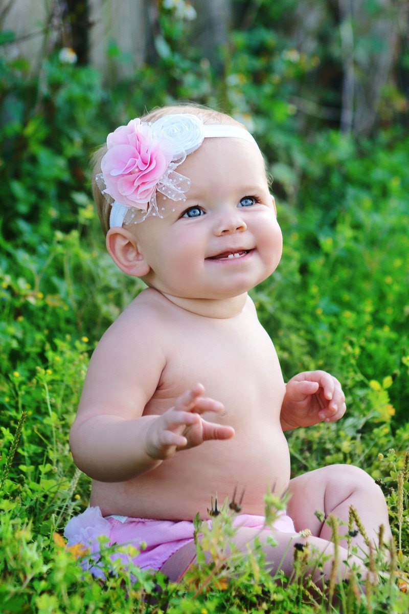 White Rosette with Pink Chiffon and Tulle Ruffled Flower on Soft White Elastic Headband- Baby Headband- Flower Headband- Girl Headband