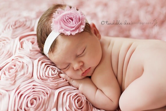 Baby Flower Headband- Light Pink Shabby Frayed Flower on Soft Ivory Elastic Headband