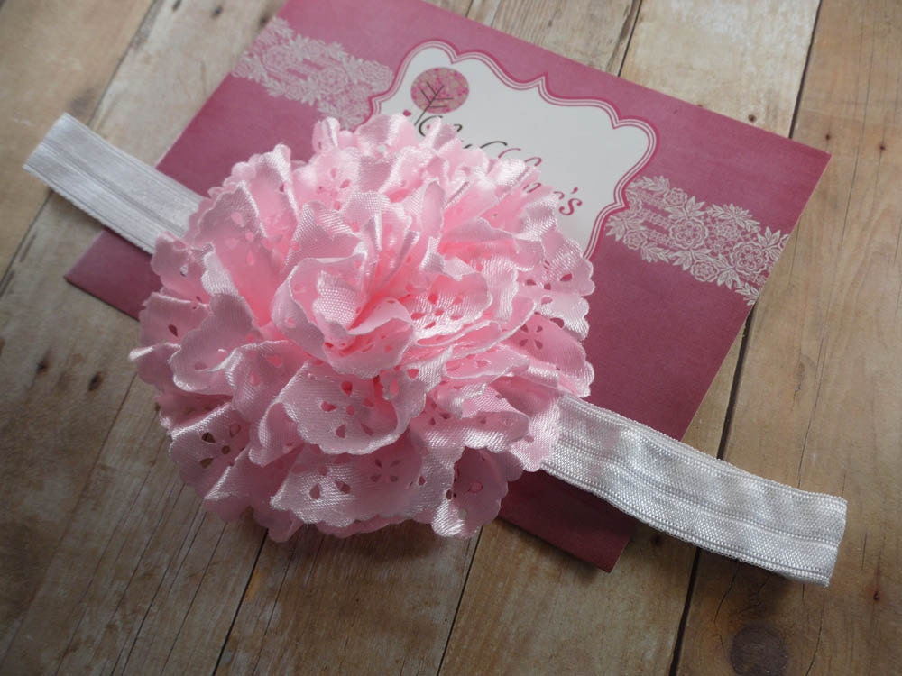 Baby Headband- Flower Headband-Baby Girl Headband- Light Pink Satin Eyelet Flower on Soft White Elastic Headband