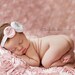 Baby Headband- White and Light Pink Handmade Rosette with Beaded Center on White Headband