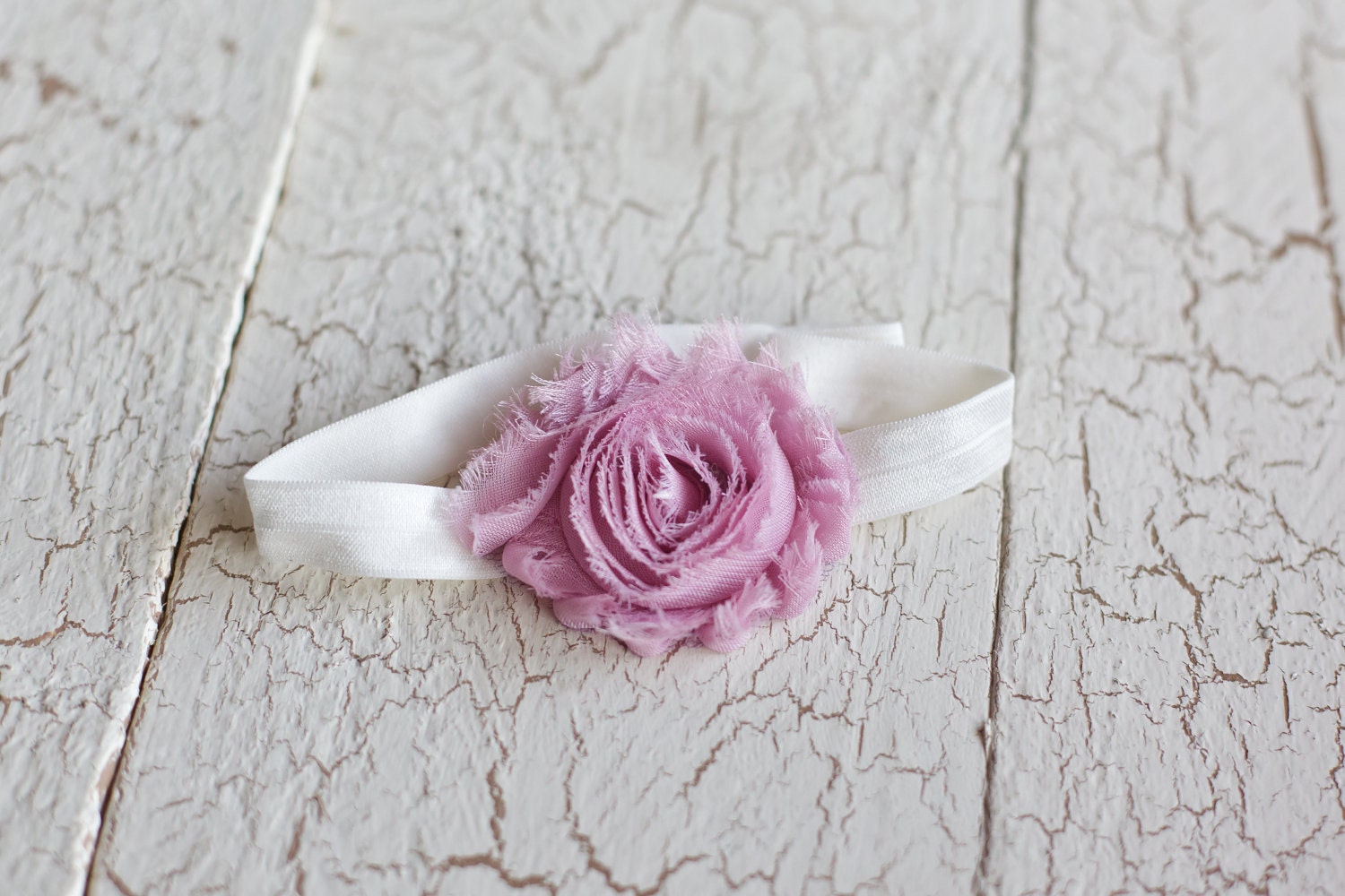 Baby Flower Headband- Light Pink Shabby Frayed Flower on Soft Ivory Elastic Headband