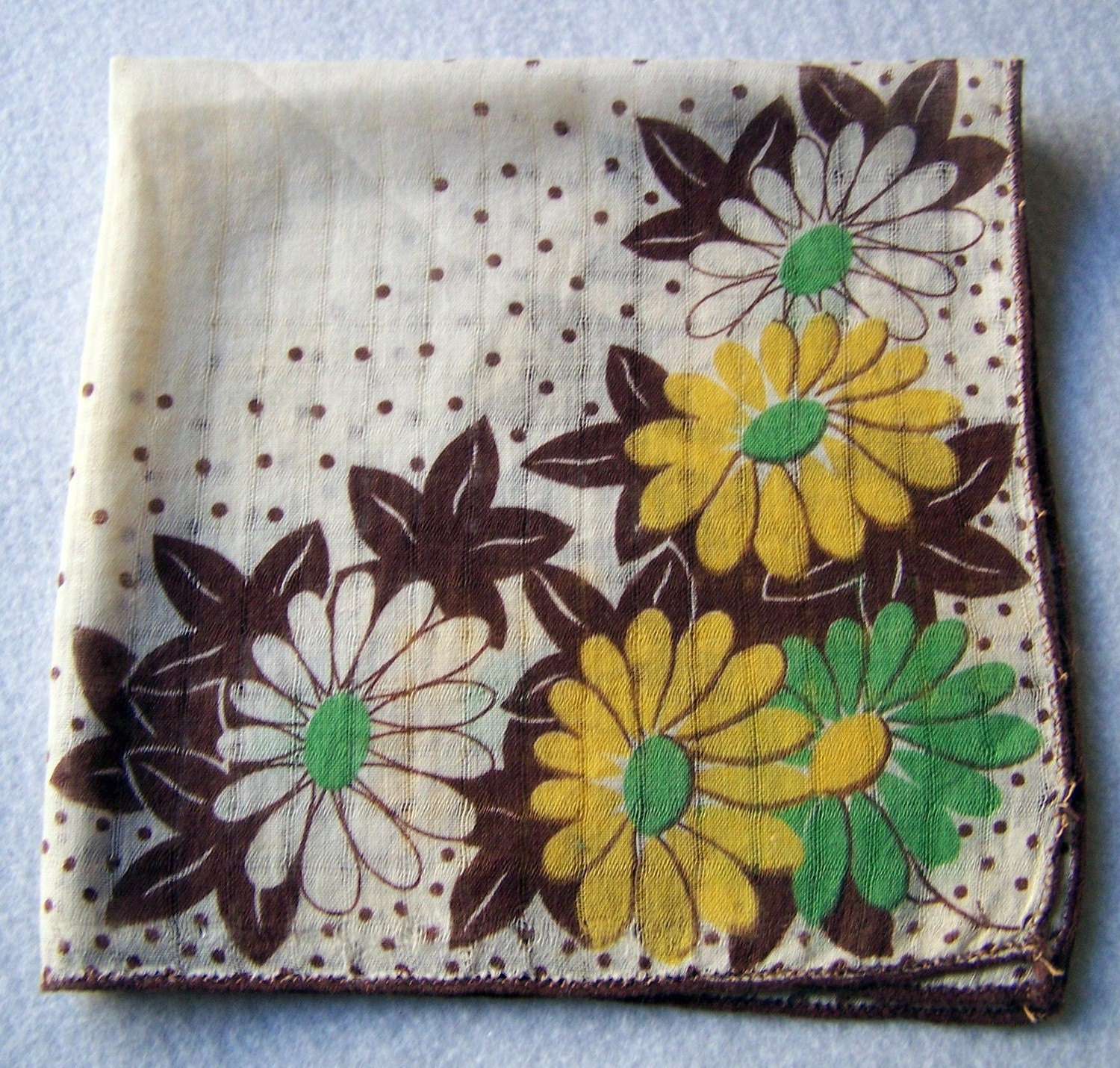 Vintage Handkerchief Ladies Bright Floral Print Hankie with a Daisy Design in a Swiss Dot  Background.