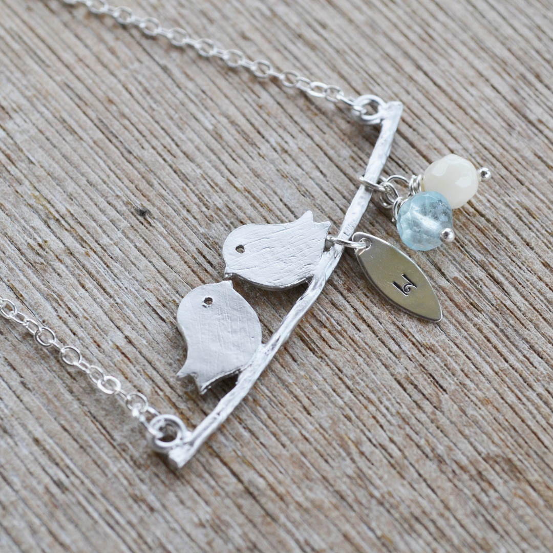 Love Bird Pendant with Personalized Charm, Blue Aquamarine and White Coral stones, Sterling Silver Chain, March Birthstone, Gift Under 30
