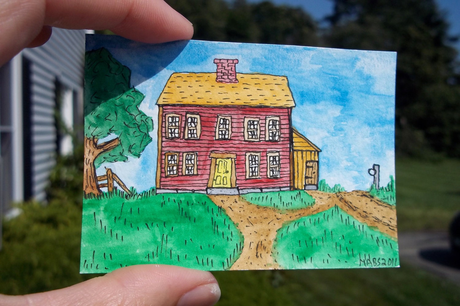 Original Folk Art ACEO Watercolor Along The Way desk art free shipping New Hampshire Farm House