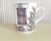 Handpainted red swallows upcycled mug - Victorian House with pot plants