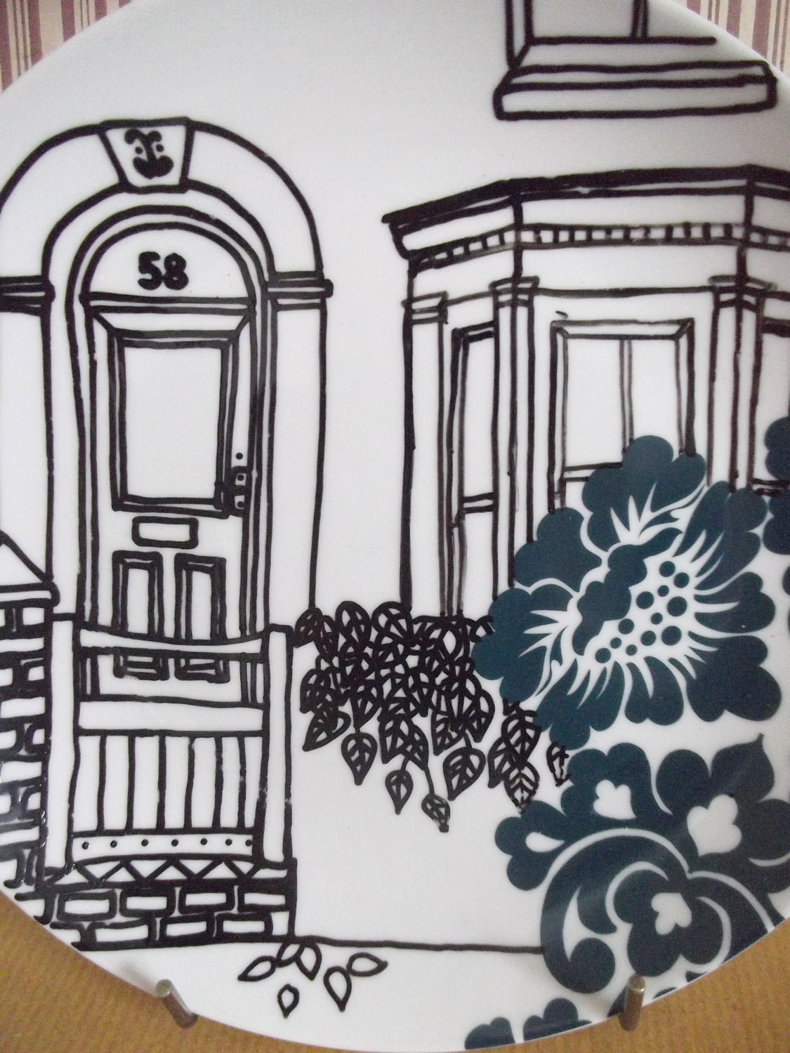 Handpainted teal baroque floral upcycled small plate - Victorian House with Bay Window