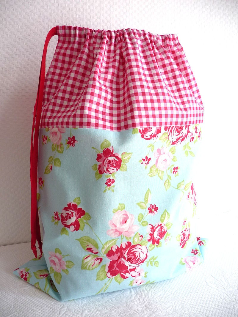 Shabby Chic Laundry Bag. Lingerie Bag. Large. Roses and Gingham. Picnic