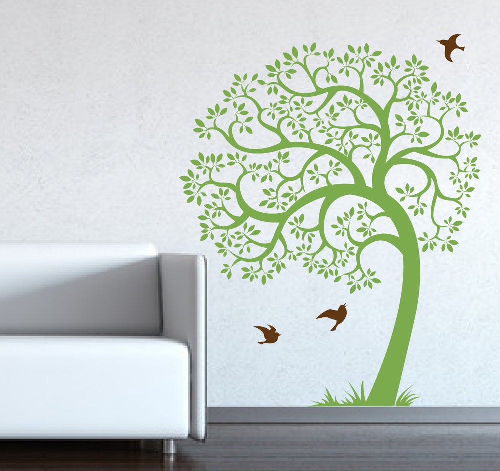Tree Wall decal small AMAZING tree removable vinyl decal. Nursery decor tree with leaves and birds. Wall decal