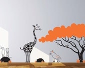 Safari themed wall decals. Nursery decal stickers giraffe, acacia tree, zebra, cute warthog and hyena, meerkats wall stickers
