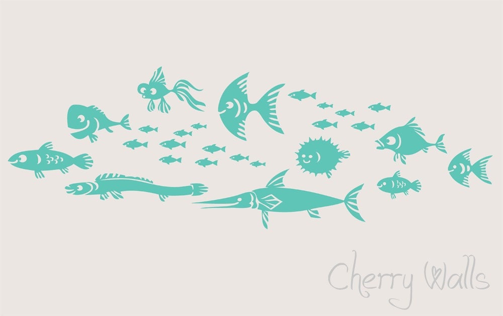 SALE Fish Vinyl Nursery Wall Decal. School of 26 fishies nursery decor playroom ranging in size from 2 " to 10".