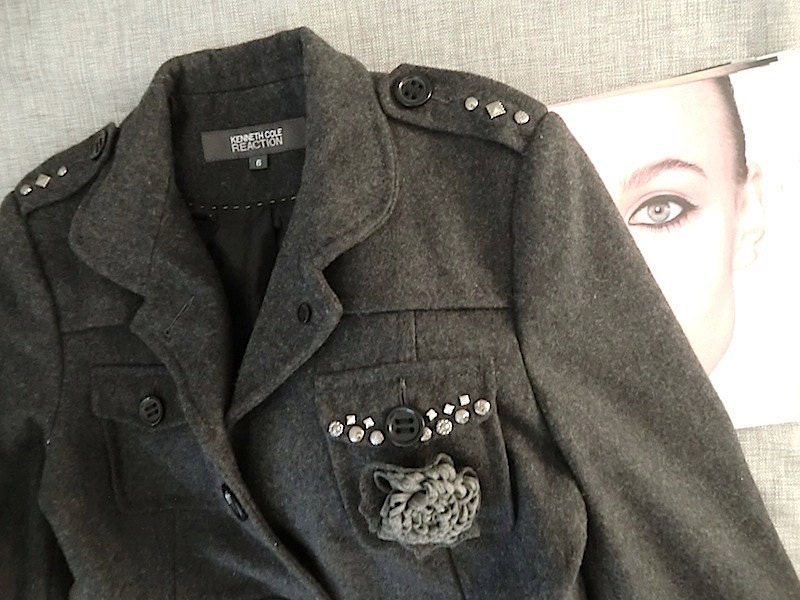 Vintage Grey Steampunk Coat w/ Studs & Felt Medallion Military Style sz 6-8