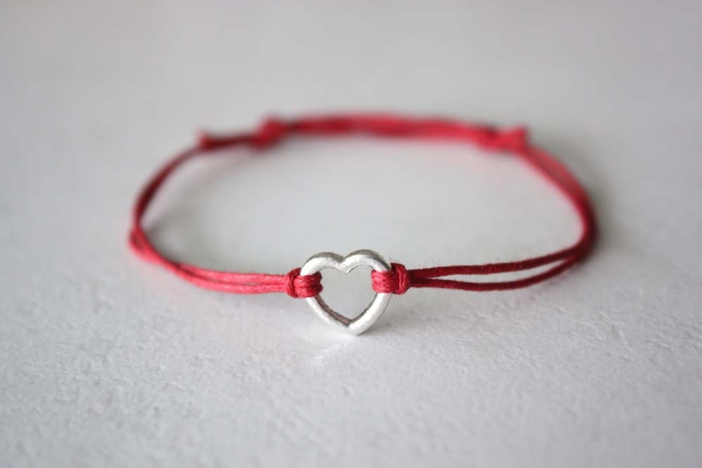 Heart Bracelet or Anklet, Open Heart Bracelet, Silver Heart, Waxed Cotton Cord
