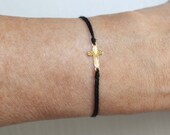 Sideways Cross Wish Bracelet - Bright Gold Finish - Diamond Cut