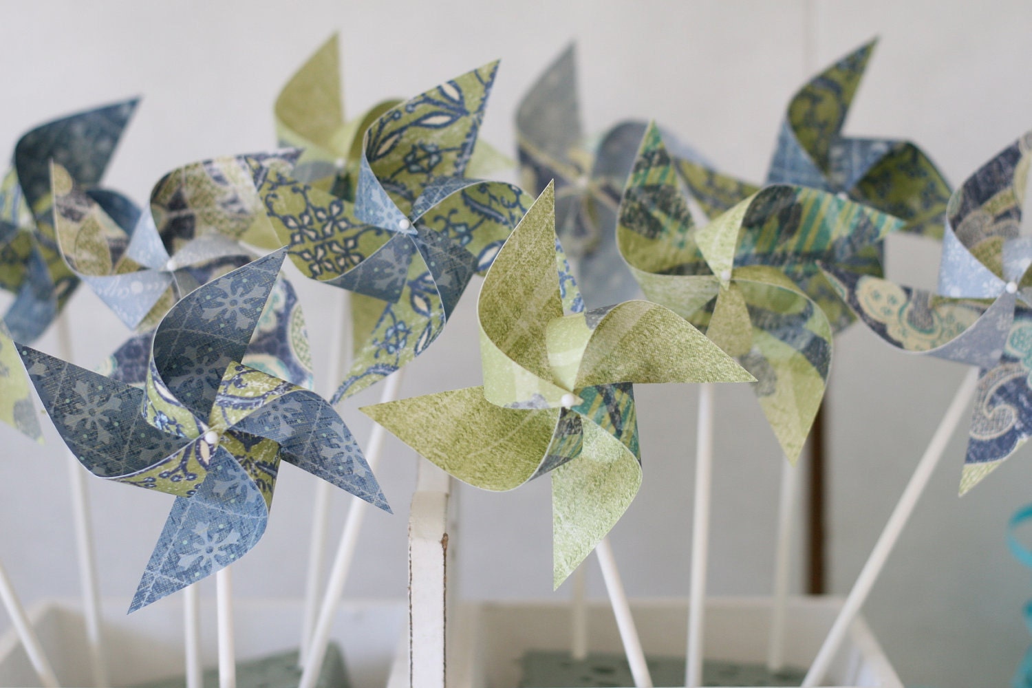 Custom Cake Topper Pinwheels Party Favors - 12 Mini (Custom orders welcomed) Blue and Green
