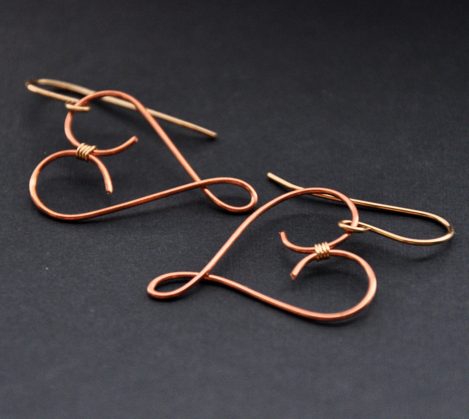 Copper Heart Earring, Gold, Two Tone, Mixed Metal Wire Earrings