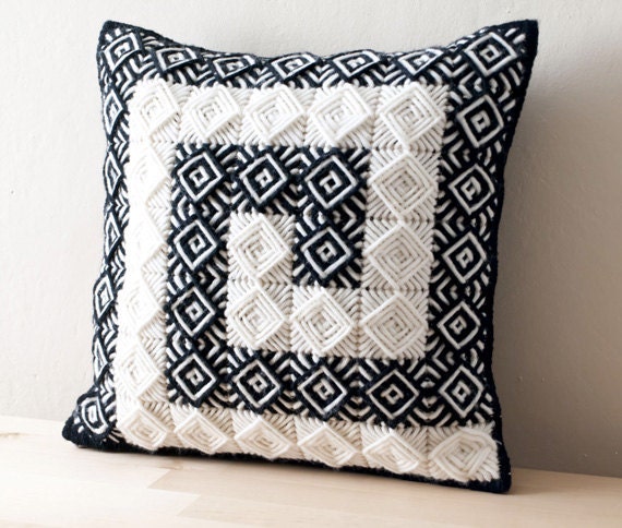 Free Shipping- LABYRINTH MEANDER Decorative Pillow Cover in Handmade Embroidered Black off White Embossing Pattern- 16"x16"(40x40cm)