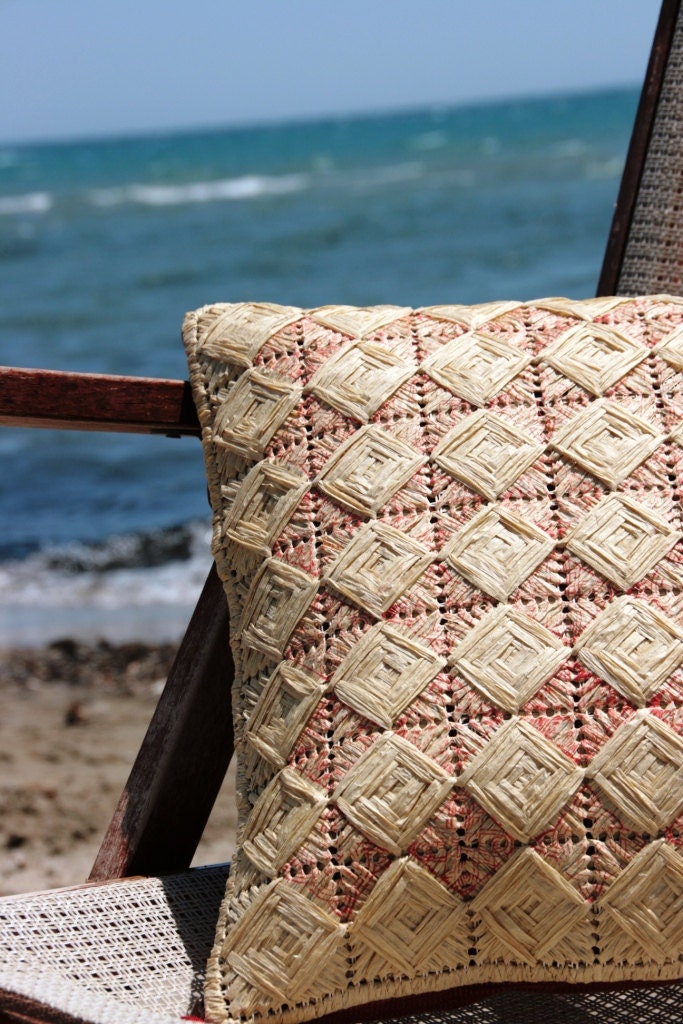 Free Shipping- SANDY SANTORINI Summer Decorative Pillow Cover- Mocha Raffia Handmade Embroidered Embossing Pattern-16"x16"(40x40cm)