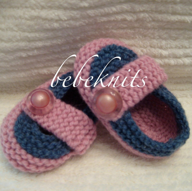 Hand Knit Pink and Denim Baby Slippers