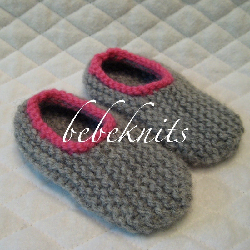 Hand Knit Gray and Pink Baby Slippers