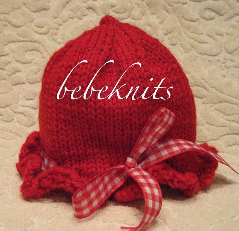 Hand Knit Ruffled Red Baby Hat with Gingham Ribbon