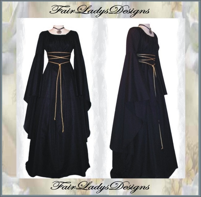 Sale - Medieval/Renaissance Black Trumpet Sleeve Costume Gown, Custom made to order