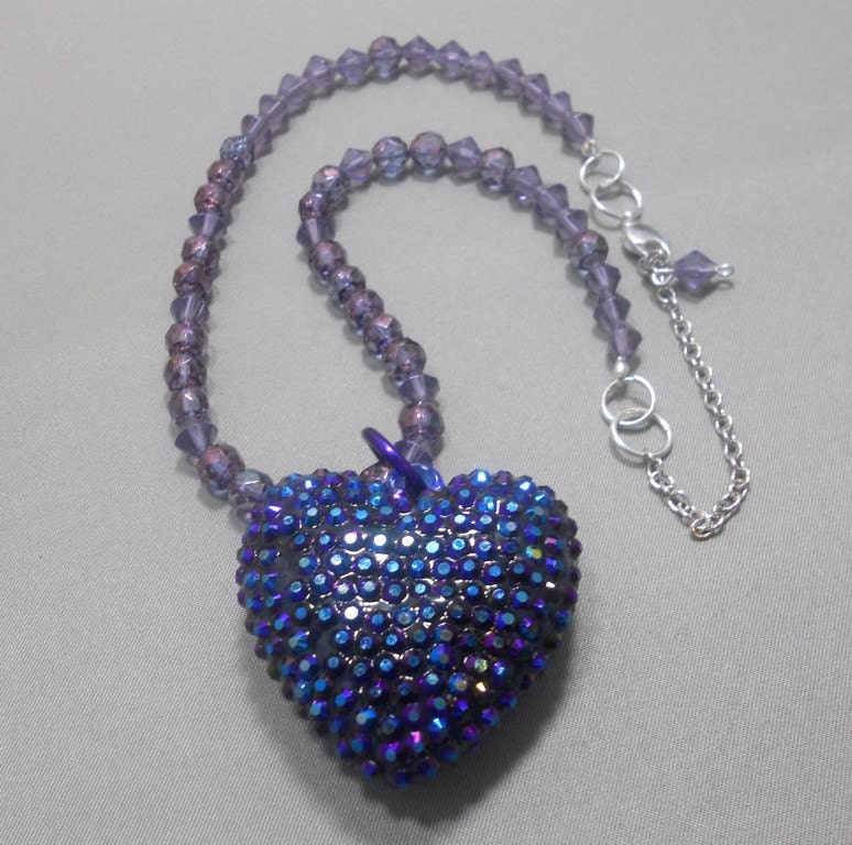 Crystal Embedded Large Blue Heart Pendant With Czech Glass Fire Polished Amethyst Beads