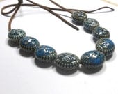 Ceramic Bead Necklace, Blue Denim Oval Beads, Micro Fiber Cord