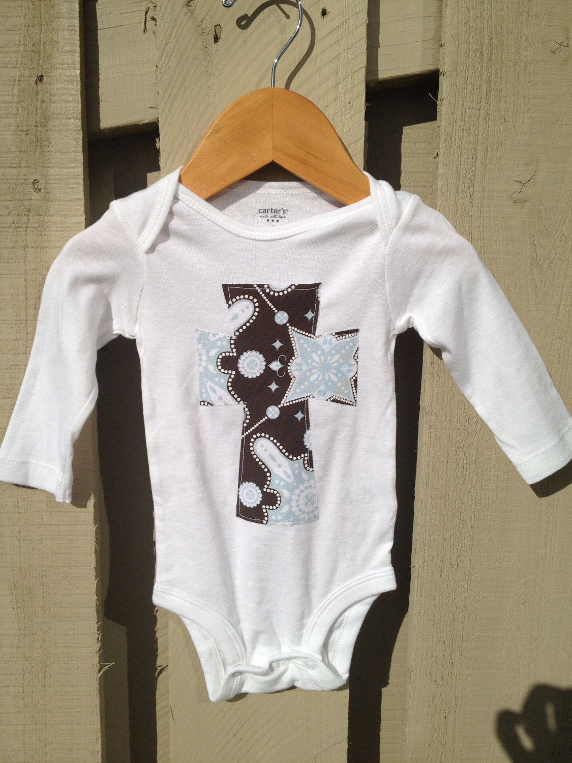 6 mo ready to ship Blue & Brown Cross Applique BOYS applique onesie